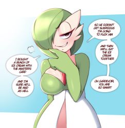 Rule 34 | 1girl, puff of air, absurdres, blue background, blush, bob cut, breasts, colored skin, creatures (company), english text, female focus, game freak, gardevoir, gen 3 pokemon, green hair, green skin, grin, hair over one eye, half-closed eyes, hand on own chin, hand up, happy, highres, large breasts, multicolored skin, nintendo, one eye covered, pokemon, pokemon (creature), profanity, red eyes, saltyxodium, short hair, simple background, smile, solo, speech bubble, stroking own chin, talking, teeth, text focus, two-tone skin, upper body, white skin