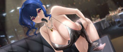 Rule 34 | 1girl, areola slip, azur lane, backless dress, backless outfit, bare shoulders, bent over, blue hair, blue nails, blurry, blurry background, bracelet, breasts, building, cityscape, cleavage, condom, condom in mouth, condom wrapper, couch, downblouse, dress, evening gown, fouriasensei, grey dress, hair between eyes, hair ornament, hairclip, halter dress, halterneck, hanging breasts, highres, jewelry, large breasts, leaning forward, looking at viewer, mouth hold, nail polish, necklace, night, night sky, no bra, plunging neckline, purple eyes, revealing clothes, side ponytail, sidelocks, silver dress, sky, skyscraper, solo, st. louis (azur lane), st. louis (luxurious wheels) (azur lane), table, thighs