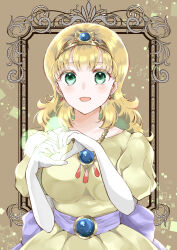 1girl :d absurdres blonde_hair blunt_bangs bow breasts brown_background c-diamond colored_eyelashes commentary_request dragon_quest dragon_quest_i dress earrings gloves gold_tiara green_eyes heart heart_hands highres jewelry large_breasts long_hair looking_at_viewer necklace official_alternate_hair_color open_mouth princess princess_laura puffy_short_sleeves puffy_sleeves purple_bow short_sleeves smile solo sphere_earrings tiara waist_bow white_gloves yellow_dress