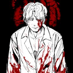 Rule 34 | 1boy, black background, bleeding, blood, blood on clothes, blood on face, daan (fear &amp; hunger), fear &amp; hunger, fear &amp; hunger 2: termina, highres, kocho 15, long sleeves, looking down, male focus, monochrome, partially unbuttoned, pectoral cleavage, pectorals, shirt, short hair, spot color, twitter username, upper body