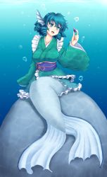 Rule 34 | 1girl, blue eyes, blue hair, bubble, drill hair, fins, head fins, isaki (gomi), japanese clothes, kimono, long sleeves, matching hair/eyes, mermaid, monster girl, obi, open mouth, sash, smile, solo, touhou, underwater, wakasagihime, wide sleeves