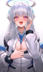 Rule 34 | 1girl, absurdres, between breasts, blazer, blue archive, blush, breasts, cleavage, grey hair, halo, headgear, highres, jacket, jacket partially removed, large breasts, long hair, looking at viewer, necktie, necktie between breasts, noa (blue archive), purple eyes, ryu o, shirt, sidelocks, simple background, smile, solo, spread cleavage, straight hair, upper body, very long hair, white background, white hair, white jacket, white shirt