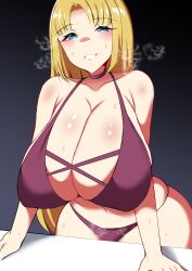 Rule 34 | 1girl, absurdres, bikini, blonde hair, blue eyes, breasts, chloe mansfield, cleavage, highres, huge breasts, legs, long hair, looking at viewer, navel, parted lips, shuumatsu no harem, smile, solo, sweat, swimsuit, thick thighs, thighs