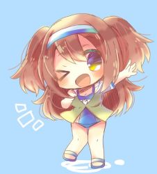Rule 34 | 10s, 1girl, blue background, brown eyes, brown hair, chibi, full body, hairband, i-26 (kancolle), kantai collection, kou hiyoyo, light brown hair, long hair, new school swimsuit, one eye closed, sandals, school swimsuit, simple background, solo, standing, swimsuit, two-tone hairband, two side up