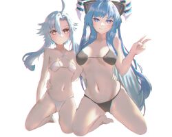 Rule 34 | 2girls, absurdres, ahoge, bikini, black bikini, blue eyes, blue hair, breasts, breasts apart, closed mouth, collarbone, commission, commissioner upload, expressionless, flat chest, full body, gluteal fold, hair between eyes, hand on another&#039;s waist, highres, hikaru aruka, horns, kiseijou rei (goddess form), kneeling, large breasts, light blue hair, long hair, looking at viewer, multiple girls, navel, neptune (series), non-web source, power symbol, power symbol-shaped pupils, red eyes, short hair with long locks, sidelocks, sign, smile, stomach, swimsuit, symbol-shaped pupils, transparent background, v, very long hair, warning sign, white bikini, white heart (neptune)