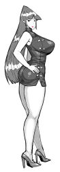 Rule 34 | 1girl, ass, bad id, bad pixiv id, breasts, china dress, chinese clothes, crayon shin-chan, crayon shin-chan: gachinko! gyakushuu no robo toochan, dress, full body, greyscale, hand on own hip, high heels, highres, huge breasts, legs, light smile, lipstick, long hair, looking at viewer, looking back, makeup, mole, monochrome, omega ranran, simple background, solo, synecdoche, thighs, very long hair, white background, white hair