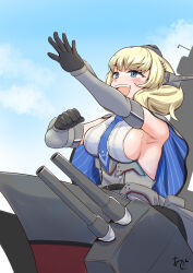 Rule 34 | 1girl, akashieru, blonde hair, blue eyes, blue necktie, blue sky, braid, breasts, cannon, capelet, cloud, cloudy sky, colorado (kancolle), day, dress, elbow gloves, garrison cap, gloves, grey capelet, grey dress, grey gloves, grey headwear, hat, headgear, highres, kantai collection, large breasts, lattice mast, machinery, necktie, open mouth, pleated dress, rigging, shirt, short hair, side braids, sideboob, sideless shirt, signature, sky, sleeveless, smokestack, turret, white shirt