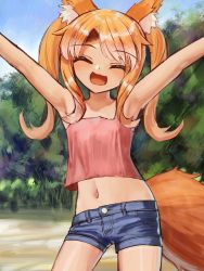 Rule 34 | 1girl, :3, animal ear fluff, animal ears, armpits, arms up, blue shorts, camisole, closed eyes, crop top, gradient hair, grey hair, highres, long hair, multicolored hair, navel, open mouth, orange hair, original, outdoors, pink camisole, shimogami ataru, short shorts, shorts, solo, standing, tail, twintails