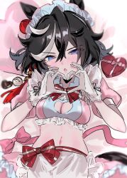 Rule 34 | 1girl, alternate costume, animal ears, black hair, blue eyes, blush, border, bow, box, breasts, chestnut mouth, chocolate, cleavage, cleavage cutout, clothing cutout, commentary request, dress, ear ornament, enmaided, frilled dress, frills, hair between eyes, hair ornament, heart, heart-shaped box, heart-shaped pillow, heart hands, highres, horse ears, horse girl, horse tail, katsuragi ace (umamusume), looking at viewer, m75255831, maid, maid headdress, medium breasts, medium hair, midriff, multicolored hair, navel, on bed, pillow, solo, streaked hair, striped bow, tail, tassel, tassel hair ornament, umamusume, unconventional maid, upper body, white border, white hair