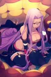 Rule 34 | 1girl, bare shoulders, black skirt, black thighhighs, breasts, cleavage, collarbone, commentary, crop top, echo (circa), fate/stay night, fate (series), forehead, hair intakes, large breasts, long hair, low-tied long hair, medusa (an army marches on its stomach) (fate), medusa (fate), medusa (rider) (fate), midriff, official alternate costume, open mouth, parted bangs, purple eyes, purple hair, skirt, solo, thighhighs, thighs, very long hair
