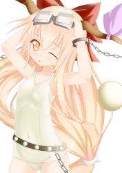 Rule 34 | 1girl, absurdres, alternate costume, bad id, bad pixiv id, blonde hair, blush, bow, chain, covered navel, cuffs, female focus, gennsuikyou, goggles, goggles on head, hair bow, highres, horns, ibuki suika, long hair, one-piece swimsuit, one eye closed, open mouth, orange eyes, ribbon, school swimsuit, simple background, solo, swimsuit, touhou, very long hair, white background, white one-piece swimsuit, white school swimsuit, wrist cuffs