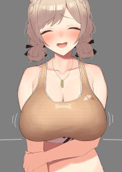Rule 34 | 1girl, black ribbon, bra, braid, breasts, brown bra, cleavage, closed eyes, collarbone, commentary, dot nose, double bun, furen e lustario, furen e lustario (5th costume), grey background, hair bun, hair ribbon, hand on own arm, highres, jewelry, katahaba keiji, large breasts, necklace, nijisanji, open mouth, ribbon, simple background, solo, sports bra, standing, underwear, upper body, virtual youtuber