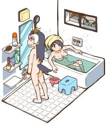 Rule 34 | 3girls, animal ears, arm rest, ass, bath, bathing, bathroom, bathtub, bird tail, black hair, blonde hair, brown eyes, commentary request, completely nude, cup, day, diorama, emperor penguin (kemono friends), highres, indoors, kashi shime, kemono friends, long hair, margay (kemono friends), mirror, multicolored hair, multiple girls, nude, orange hair, penguin tail, pink hair, red eyes, red hair, royal penguin (kemono friends), shower head, sitting, standing, steam, tail, tile floor, tiles, toothbrush, towel, towel on head, water, wet, white hair, window