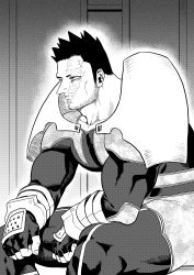 Rule 34 | 1boy, armor, bara, beard, bodysuit, boku no hero academia, endeavor (boku no hero academia), facial hair, greyscale, highres, locker, locker room, male focus, mature male, monochrome, muscular, muscular male, nipples, p (pppppppppq), pauldrons, pectorals, scar, scar across eye, scar on face, short hair, shoulder armor, sideburns, sitting, solo, spiked hair, stubble, thick thighs, thighs