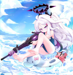 Rule 34 | 1girl, absurdres, afloat, ahoge, aiming, ass, bare legs, barefoot, blue archive, blue sky, blurry, cloud, cloudy sky, commentary request, demon girl, demon horns, demon wings, depth of field, duck innertube, gun, hair between eyes, hair ornament, hairclip, halo, highres, hina (blue archive), hina (swimsuit) (blue archive), holding, holding gun, holding weapon, horns, long hair, looking afar, machine gun, maomaoquing, mg42, name tag, ocean, official alternate costume, official alternate hairstyle, old school swimsuit, on innertube, one side up, outdoors, parted bangs, purple eyes, school swimsuit, sidelocks, sky, solo, sunlight, swimsuit, toes, waves, wavy hair, weapon, white hair, wings
