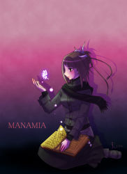 Rule 34 | 1girl, aq interactive, book, brown eyes, brown hair, bug, butterfly, female focus, full body, gradient background, hair ornament, insect, jacket, jin65, manamia, mistwalker, nintendo, scarf, short hair, sitting, skirt, solo, the last story