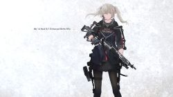 Rule 34 | 1girl, bad id, bad pixiv id, battle rifle, blonde hair, collarbone, gun, highres, holster, m14, miv4t, multicolored hair, pale skin, pantyhose, rifle, simple background, solo, twintails, two-tone hair, weapon