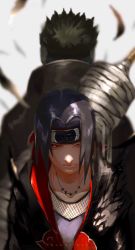 Rule 34 | 2boys, akatsuki uniform, artist name, bandages, black coat, black hair, coat, collarbone, commentary request, forehead protector, highres, hoshigaki kisame, ibuo (ibukht1015), jewelry, looking at viewer, male focus, multiple boys, naruto, naruto (series), necklace, parted bangs, red eyes, short hair, solo focus, sword, uchiha itachi, upper body, weapon