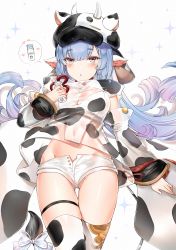 Rule 34 | 1girl, absurdres, animal ears, animal print, asymmetrical legwear, bandeau, blue hair, bottle, bow, breasts, catura (granblue fantasy), cleavage, cow ears, cow girl, cow hood, cow print, cow tail, crop top, crop top overhang, detached sleeves, earrings, gradient hair, granblue fantasy, groin, highres, holding, huge filesize, jewelry, large breasts, long hair, long sleeves, looking at viewer, micro shorts, midriff, milk bottle, multicolored hair, navel, open fly, parted lips, purple eyes, see-through, short shorts, shorts, solo, spoken object, standing, stomach, tail, tail bow, tail ornament, thigh gap, thigh strap, thighhighs, thighs, uneven legwear, white shorts, white thighhighs, wide sleeves, yukineko1018