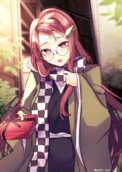 Rule 34 | 1girl, :o, aoko (myut7287), artist name, black kimono, breasts, brown eyes, brown hair, candy, checkered clothes, checkered scarf, food, futatsuiwa mamizou, futatsuiwa mamizou (human), glasses, green kimono, highres, holding, japanese clothes, kimono, large breasts, leaf, leaf on head, long hair, long sleeves, open mouth, outdoors, raccoon girl, scarf, solo, touhou, upper body