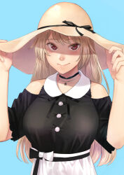 Rule 34 | 1girl, black bow, black choker, black ribbon, black shirt, blue background, blush, bow, breasts, brown hair, brown hat, choker, clothing cutout, commentary request, furen e lustario, hands up, hat, hat ribbon, highres, jewelry, large breasts, long hair, looking at viewer, necklace, nijisanji, red eyes, ribbon, shirt, shoulder cutout, simple background, skirt, smile, solo, torii yoshitsuna, two-tone bow, virtual youtuber, white bow, white skirt