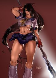 Rule 34 | 1girl, abs, black hair, blue skirt, bowalia, breasts, fingerless gloves, gloves, guan dao, hair over one eye, holding, holding weapon, ikkitousen, kan&#039;u unchou, large breasts, long hair, low-tied long hair, muscular, muscular female, navel, pleated skirt, polearm, shirt, signature, skirt, solo, underboob, very long hair, weapon, white legwear, white shirt