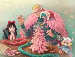 Rule 34 | 2boys, 2girls, aged down, animal hood, animal print, artist name, baby 5, bird, black hair, blonde hair, bow, closed mouth, coat, dellinger (one piece), donquixote doflamingo, dress, feather coat, feathers, flamingo, green hair, green sweater, hair bow, highres, hood, karrolinashinza art, long hair, monocle, multiple boys, multiple girls, new year, one piece, open mouth, person on shoulder, pink coat, red bow, red dress, short hair, smile, sparkle, star (symbol), sugar (one piece), sunglasses, sweater, table, thread, turtleneck, turtleneck sweater