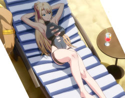 Rule 34 | 1girl, angela balzac, armpits, arms behind head, beach chair, black one-piece swimsuit, blonde hair, blue eyes, breasts, drink, drinking straw, from above, frown, halterneck, highres, long hair, lying, on back, one-piece swimsuit, ponytail, rakuen tsuihou, screencap, solo focus, stitched, swimsuit, table, thigh strap, third-party edit, very long hair