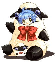 Rule 34 | 00s, 1girl, animal costume, animal ears, blue hair, galaxy angel, looking at viewer, mint blancmanche, sheep, sheep costume, short hair, simple background, solo, tagme, white background, yellow eyes