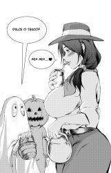 Rule 34 | 1girl, 2boys, absurdres, age difference, ara ara, belt, blush, box wonderland, breasts, drinking, eye contact, faceless, faceless male, ghost costume, hat, heart, highres, holding, large breasts, long hair, looking at another, mature female, monochrome, multiple boys, original, profile, pumpkin, pumpkin hat, shirt, side ponytail, size difference, spanish text, straw, surprised, sweat, taut clothes, taut shirt, teapot, thick lips, white background