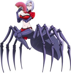 Rule 34 | 1girl, arachne, arthropod girl, artist request, breasts, carapace, claws, cleavage, extra eyes, game cg, hair between eyes, hand fan, insect girl, large breasts, long hair, midriff, monster girl, monster musume no iru nichijou, monster musume no iru nichijou online, multiple legs, navel, official alternate costume, official art, pelvic curtain, rachnera arachnera, solo, spider girl, taur, transparent background