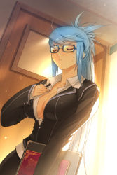 Rule 34 | 1girl, blue hair, book, breasts, cleavage, dress shirt, formal, glasses, jacket, large breasts, long hair, lowres, luthica preventer, luticar, ponytail, red eyes, shirt, skirt, skirt suit, solo, suit, sword girls, tan, very long hair