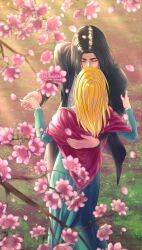 Rule 34 | 1boy, 1girl, arm around back, artist name, black hair, blonde hair, branch, closed eyes, commentary, english commentary, english text, eren yeager, falling petals, flower, hand on another&#039;s back, highres, holding hands, klionheartart, krista lenz, long sleeves, medium hair, outdoors, petals, pink flower, rose petals, shingeki no kyojin