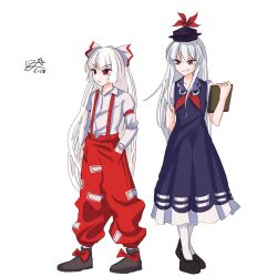 Rule 34 | 2girls, black footwear, blue dress, blue headwear, book, bow, closed mouth, collared dress, commentary, dated, dress, footwear bow, fujiwara no mokou, full body, ganadara ddo, grin, hair bow, hands in pockets, highres, kamishirasawa keine, korean commentary, long hair, looking at another, multiple girls, neckerchief, ofuda, ofuda on clothes, pants, red eyes, red neckerchief, red pants, shirt, sidelocks, signature, simple background, smile, standing, suspenders, touhou, white background, white bow, white hair, white shirt