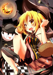 Rule 34 | 1girl, :p, absurdres, basket, bat (animal), blonde hair, blush, candy, censored, convenient censoring, crescent moon, fang, food, ghost, halloween, hat, highres, jack-o&#039;-lantern, lantern, looking at viewer, moon, no panties, open mouth, original, plaid, plaid skirt, pumpkin, short hair, skirt, smile, solo, tongue, tongue out, wakagi repa, witch, witch hat, yellow eyes