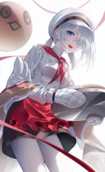 Rule 34 | :d, absurdres, apron, balloon, black skirt, black survival, blue eyes, blush, bread, buttons, collared jacket, cowboy shot, double-breasted, eyepatch, fang, food, frilled apron, frills, hair over one eye, hair tie, hand towel, hat, high collar, highres, holding, holding tray, jacket, kerno, leaning forward, long hair, long sleeves, looking at viewer, neckerchief, open mouth, oven mitts, pantyhose, red apron, red neckerchief, red ribbon, ribbon, short twintails, sidelocks, simple background, sissela (black survival), skin fang, skirt, sleeve cuffs, smile, tray, twintails, waist apron, white background, white hair, white hat, white jacket, white pantyhose