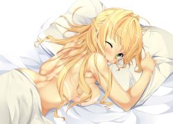 Rule 34 | 1girl, ahoge, bed sheet, blonde hair, blush, braid, breasts, fate/grand order, fate (series), green eyes, hair intakes, highres, large breasts, long hair, looking at viewer, looking back, lying, nero claudius (fate), nero claudius (fate) (all), nero claudius (swimsuit caster) (fate), nipples, nude, on stomach, one eye closed, open mouth, pillow, pillow grab, solo, tan, tanline, tries