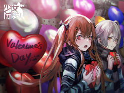 Rule 34 | 1girl, 2girls, :o, alternate costume, balloon, black bow, black scarf, blurry, blush, bow, box, brown eyes, brown hair, closed mouth, crossed bangs, depth of field, gift, girls&#039; frontline, grey hair, gun, h&amp;k ump, hair between eyes, hair bow, hair ornament, hairclip, heart-shaped box, heart balloon, heckler &amp; koch, highres, holding, holding gift, infukun, logo, long hair, looking at viewer, multiple girls, official alternate costume, official art, one side up, open mouth, red eyes, scar, scar across eye, scar on face, scarf, siblings, sidelocks, sisters, smile, standing, striped clothes, striped scarf, striped sweater, submachine gun, sweater, twins, twintails, ump45 (&quot;just this time.&quot;) (girls&#039; frontline), ump45 (girls&#039; frontline), ump9 (&quot;am i late?&quot;) (girls&#039; frontline), ump9 (girls&#039; frontline), valentine, very long hair, weapon