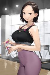 Rule 34 | 1girl, blush, bottle, breasts, brown eyes, brown hair, commentary request, fingernails, ganbare douki-chan, high-waist pants, highres, holding, holding bottle, indoors, jewelry, large breasts, looking at viewer, midriff, open mouth, pants, pendant, senpai-san (douki-chan), smile, solo, sports bra, sportswear, sweat, teeth, upper teeth only, yoga pants, yomu (sgt epper)