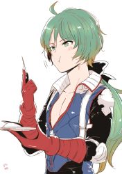 Rule 34 | 10s, 1boy, center opening, eating, gloves, gradient hair, granblue fantasy, green eyes, green hair, male focus, motitoy, multicolored hair, meteon (granblue fantasy), pilot suit, ponytail, red gloves, signature, simple background, solo, toothpick, upper body, white background