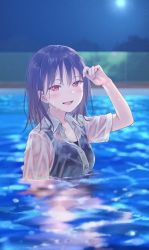 Rule 34 | 1girl, black hair, fukahire (ruinon), looking at viewer, medium hair, open mouth, original, partially submerged, red eyes, see-through, shirt, smile, solo, tank top, wet, wet clothes, wet shirt