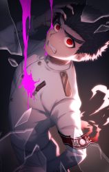 Rule 34 | 1boy, armband, black hair, blood, blood on clothes, blood on face, broken glass, clenched teeth, commentary, danganronpa: trigger happy havoc, danganronpa (series), glass, gradient background, hand in own hair, highres, ishimaru kiyotaka, jacket, long sleeves, looking at viewer, male focus, military, military uniform, mizukura ion, pants, pink blood, red eyes, short hair, solo, sweat, symbol-only commentary, teeth, torn armband, torn clothes, uniform, upper body, very short hair, widow&#039;s peak