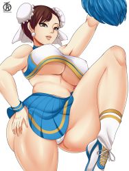 Rule 34 | 1girl, bare shoulders, breasts, brown eyes, brown hair, capcom, cheerleader, chun-li, cleavage, covered erect nipples, large breasts, midriff, miniskirt, parted lips, pom pom (cheerleading), skirt, smile, solo, spikes, street fighter, thick thighs, thighs, underboob