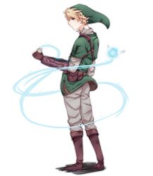 Rule 34 | 1boy, blonde hair, blue eyes, boots, bottle, fairy, fingerless gloves, full body, gloves, hat, holding, link, male focus, navi, nintendo, pants, pointy ears, pouch, profile, simple background, solo, the legend of zelda, the legend of zelda: ocarina of time, tunic, white background