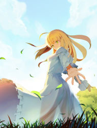 Rule 34 | 1girl, ahoge, artoria pendragon (all), artoria pendragon (fate), blonde hair, breasts, cloud, day, dress, fate/stay night, fate (series), foreshortening, grass, green eyes, hair down, highres, long hair, medium breasts, official alternate costume, outdoors, saber (fate), see-through silhouette, sky, smile, solo, sundress, vmax-ver