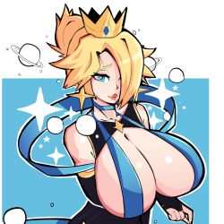 Rule 34 | 1girl, aidan core, alternate breast size, aqua background, blonde hair, blue eyes, breasts, cleavage, crown, earrings, fingerless gloves, gloves, hair over one eye, highres, huge breasts, jewelry, looking at viewer, mario (series), nintendo, rosalina, solo, spiked hair, super mario galaxy, two-tone background, upper body, white background