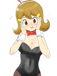 Rule 34 | 1girl, 5-volt, alternate costume, animal ears, bare shoulders, black leotard, blush, bow, bowtie, breasts, brown eyes, brown hair, cleavage, detesu, eyebrows, fake animal ears, female focus, hair ornament, hairclip, hands on own face, highres, leotard, long hair, medium breasts, nintendo, open mouth, pantyhose, playboy bunny, rabbit ears, red bow, red bowtie, simple background, smile, solo, standing, strapless, strapless leotard, warioware, white background, wrist cuffs