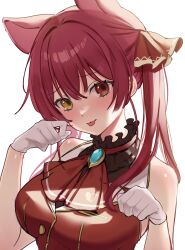 Rule 34 | 1girl, animal ears, ascot, blush, breasts, brown eyes, cropped jacket, gloves, hair behind ear, hair ribbon, helga ( hlg67), heterochromia, highres, hololive, houshou marine, houshou marine (1st costume), jacket, kemonomimi mode, large breasts, leotard, leotard under clothes, looking at viewer, portrait, red ascot, red eyes, red ribbon, ribbon, sleeveless, sleeveless jacket, smile, solo, tongue, tongue out, twintails, virtual youtuber, white background, white gloves