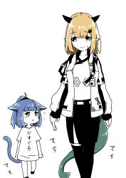 Rule 34 | 2girls, absurdres, animal ears, arknights, black footwear, black skirt, black thighhighs, blonde hair, blue hair, blush, cat ears, cat girl, cat tail, character request, chibi, clothes writing, flying sweatdrops, green eyes, hair ornament, hairclip, high ponytail, highres, horns, jacket, jessica (arknights), kumamu, mini person, minigirl, multiple girls, open clothes, open jacket, parted lips, ponytail, shirt, shoes, simple background, skirt, sweat, tail, thighhighs, translation request, white background, white jacket, white shirt