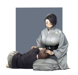 Rule 34 | 1boy, 1girl, black hair, blush, brown hair, commentary request, closed eyes, floral print, grey kimono, hand on another&#039;s head, heart, japanese clothes, kimono, lap pillow, looking down, lying, mature female, mole, mole under eye, motherly, obi, on side, original, sash, seiza, shibekawa 081, simple background, sitting